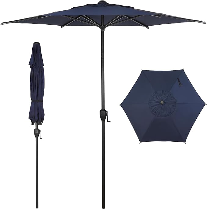 Abba Patio 7.5FT Lyon Outdoor Patio Umbrella Outdoor Table Umbrella with Push Button Tilt and Crank Market Umbrella 6 Sturdy Ribs UV Protection Waterproof for Garden Deck Backyard Pool Dark Blue.