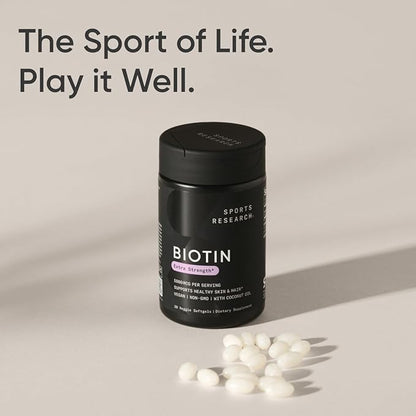 Sports Research Vegan Biotin 5000mcg with Organic Coconut Oil | Extra Strength Biotin Vitamin B7 Supplement for Hair & Skin Support | Non-GMO Verified, Soy Free, Gluten Free - 30 Softgels