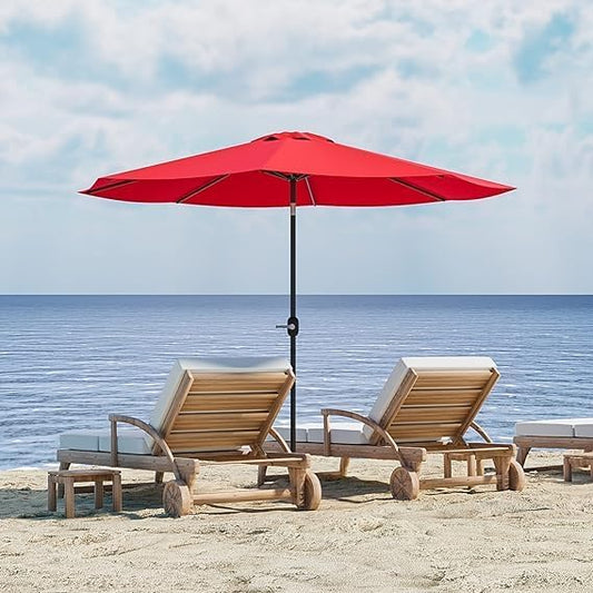 Greesum 9FT Patio Umbrella with Push Button Tilt and Crank, Outdoor Table Umbrella with 8 Sturdy Ribs, Market Table Parasol for Garden, Lawn, Backyard & Pool, Without Base, Red