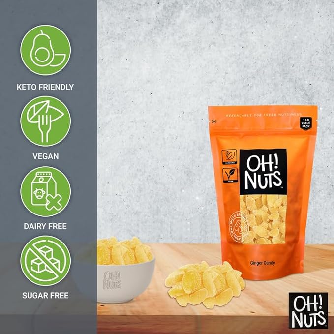 Oh! Nuts Ginger Candy - 1 lb - Dried Fruit Slices - with Crystallized Sugar Candied Coating - Dehydrated Fruit Bites - Packed in New York Zip-Seal Bag for Exceptional Freshness