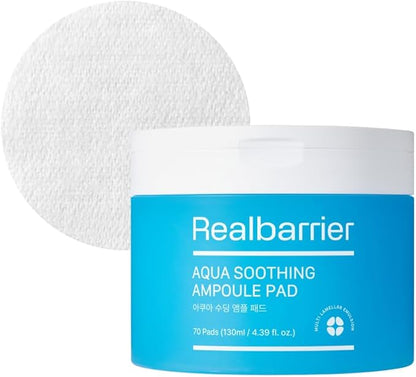 Real Barrier Aqua Soothing Ampoule Pad, 70 Pads, Cooling Soothing Facial Pad Mask for Redness Relief, Skin Barrier Repair Face Moisturizer with Hyaluronic Acid for Sensitive Dry Skin, Korean Skincare
