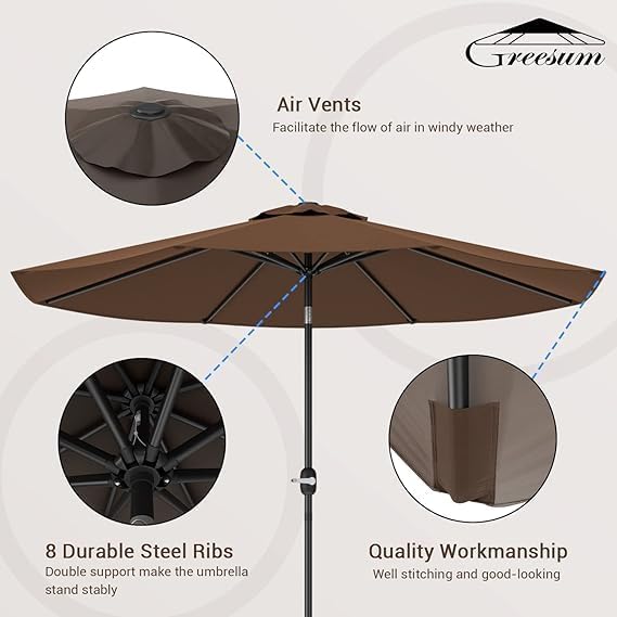 Greesum 9FT Patio Umbrella with Push Button Tilt and Crank, Outdoor Table Umbrella with 8 Sturdy Ribs, Market Table Parasol for Garden, Lawn, Backyard & Pool, Without Base, Brown