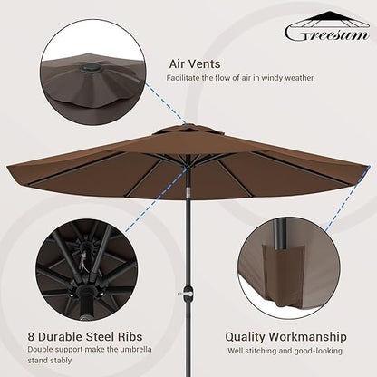 Greesum 9FT Patio Umbrella with Push Button Tilt and Crank, Outdoor Table Umbrella with 8 Sturdy Ribs, Market Table Parasol for Garden, Lawn, Backyard & Pool, Without Base, Brown