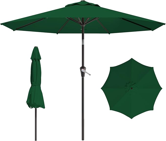 9 FT Patio Umbrella for Outdoor, Outdoor Umbrella with Push Button Tilt and Crank, Outdoor Patio Umbrellas with 8 Sturdy Ribs for Market, Garden, Deck, Backyard, Pool (Dark Green)