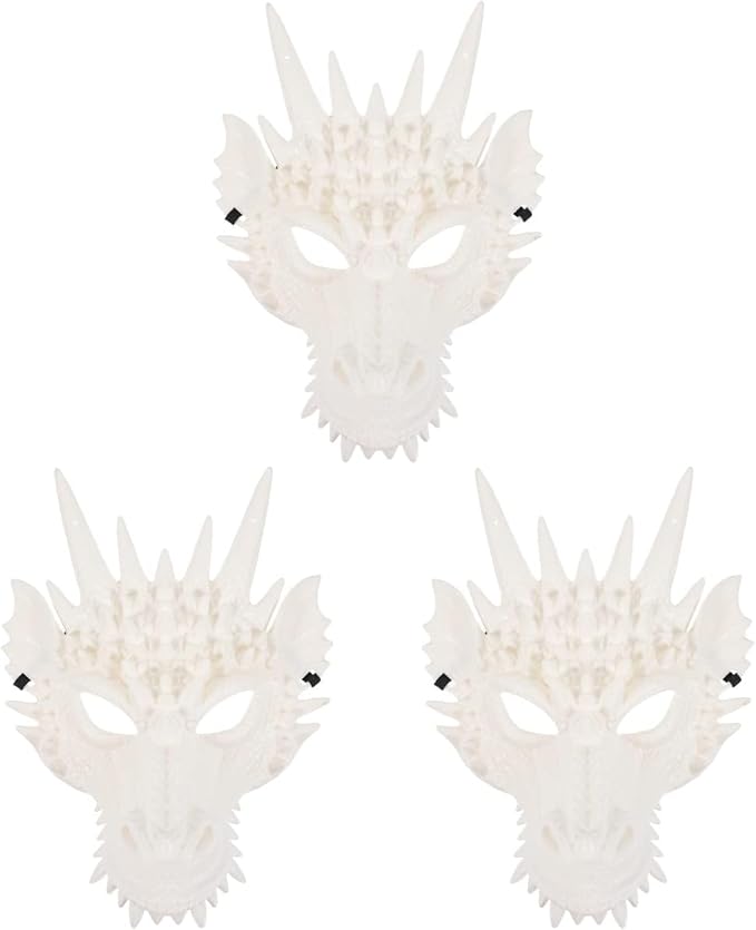 LUOZZY 3pcs Dragon Cosplay Skull Mask - White Dragon Animal Mask for Halloween Masquerade
