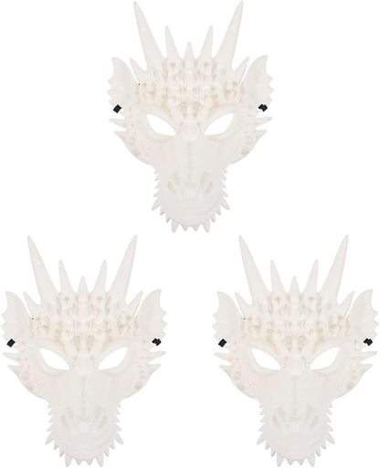 LUOZZY 3pcs Dragon Cosplay Skull Mask - White Dragon Animal Mask for Halloween Masquerade
