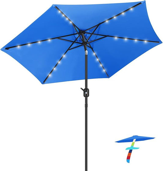 FRUITEAM Solar Patio Umbrella Outdoor LED Swimming Pool Umbrella, 7 1/2 FT Table Umbrella with Lights Heavy Duty Patio Umbrella with Sturdy Ribs, Crank, Easy Tilt Adjustment, Aqua Blue