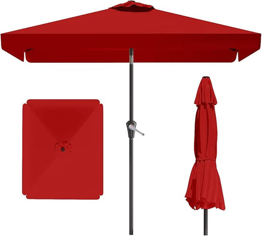 6.5 * 10FT Rectangular Patio Umbrella Table Market Umbrella w/Tilt and Crank Outdoor Umbrellas for Garden, Deck, Backyard, Pool and Beach, Red
