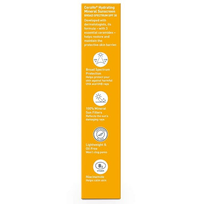 CeraVe 100% Mineral Sunscreen SPF 30 | Face sunscreen With Zinc Oxide & Titanium Dioxide | Hyaluronic Acid + Niacinamide + Ceramides | Oil Free Sunscreen For Face | Travel Size Sunscreen 2.5 oz
