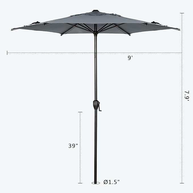 Abba Patio 9FT Lyon Outdoor Patio Umbrella Outdoor Table Umbrella with Push Button Tilt and Crank Market Umbrella 8 Sturdy Ribs UV Protection Waterproof for Garden Deck Backyard Pool Grey