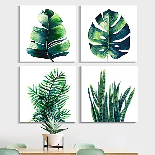 Boho Wall Art Bathroom Decor Botanical Green Plant Canvas Prints Picture Bedroom Apartment Kitchen Home Decoration 4Pcs/Sets 14 x 14" Tropical Leaf Monstera Minimalist Aesthetic Framed Poster Artwork