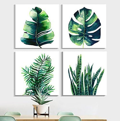 Boho Wall Art Bathroom Decor Botanical Green Plant Canvas Prints Picture Bedroom Apartment Kitchen Home Decoration 4Pcs/Sets 14 x 14" Tropical Leaf Monstera Minimalist Aesthetic Framed Poster Artwork