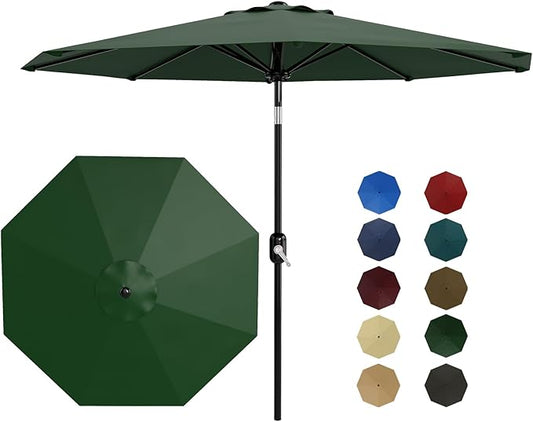9Ft Patio Umbrella - 8 Sturdy Ribs Outdoor Table Umbrella with Crank Lift & Push Button Tilt - Market Umbrella for Pool, Deck, Yard, Garden - Dark Green