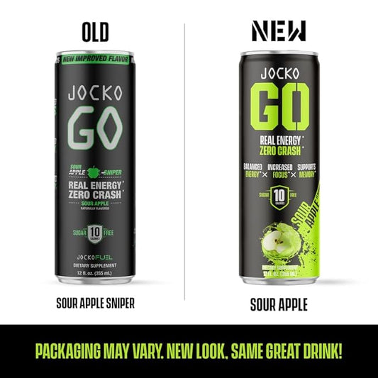Jocko GO Energy Drink - KETO, Vitamin B12, Vitamin B6, Electrolytes, L Theanine, Magnesium- Energy Boost, Sugar Free Nootropic Monk Fruit Blend - 12 Pack (Sour Apple)