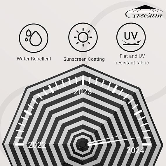Greesum 9FT Patio Umbrella with Push Button Tilt and Crank, Outdoor Table Umbrella with 8 Sturdy Ribs, Market Table Parasol for Garden, Lawn, Backyard & Pool, Without Base, Black and White