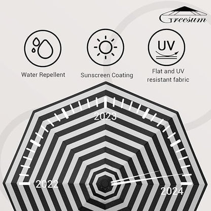 Greesum 9FT Patio Umbrella with Push Button Tilt and Crank, Outdoor Table Umbrella with 8 Sturdy Ribs, Market Table Parasol for Garden, Lawn, Backyard & Pool, Without Base, Black and White