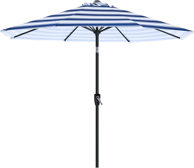 ABCCANOPY 9FT Outdoor Patio Umbrella, 8 Ribs Table Umbrella w/Crank for Easy Set Up, Suitable for Garden, Lawn, Deck & Backyard (Blue White Stripes)