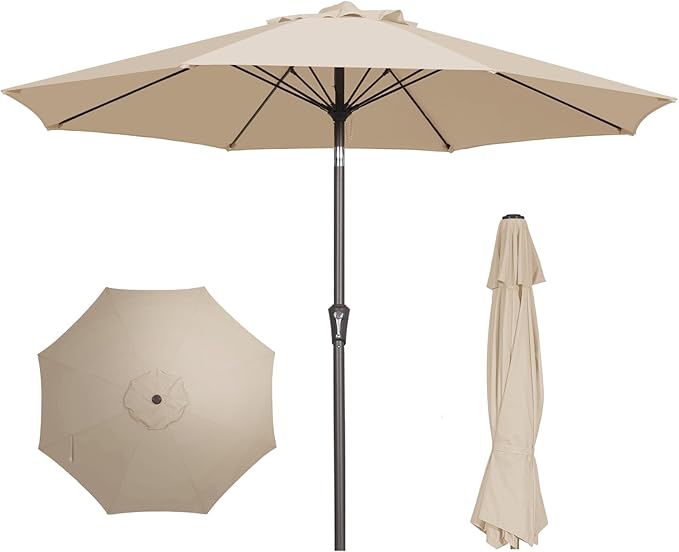 PatioKingdom 9FT Patio Outdoor Umbrella-UPF 50+ Sun Shade with Wind Vent, Push-Button Tilt & Smooth Crank Lift, Rust-Resistant Fiberglass Frame for Garden, Backyard,Yard