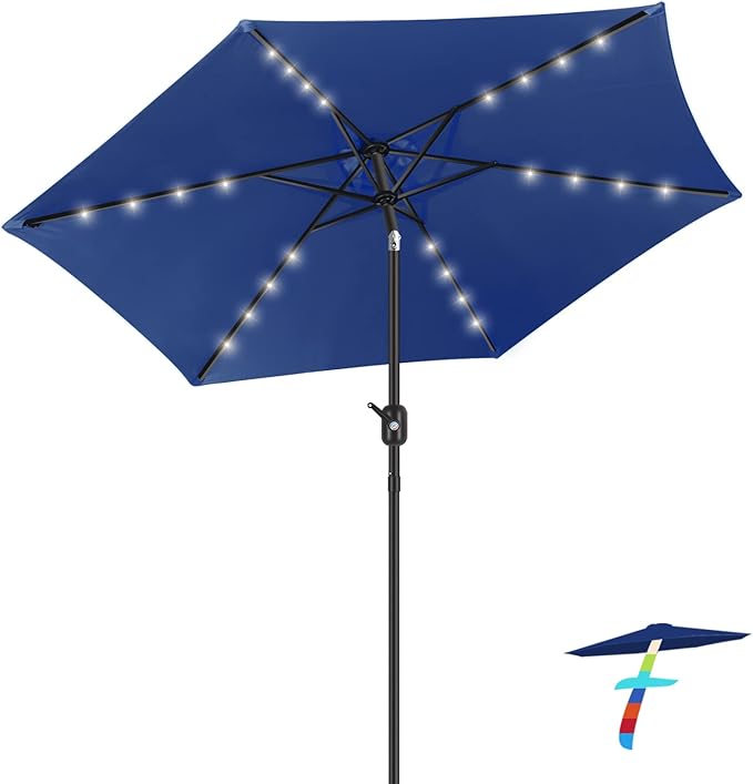 FRUITEAM 7.5FT Solar Patio Umbrella Outdoor LED Umbrella,Table Umbrella with Lights Heavy Duty Patio Umbrella with Sturdy Ribs, Crank, Easy Tilt Adjustment