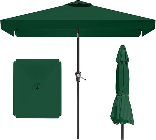 6.5 * 10FT Rectangular Patio Umbrella Table Market Umbrella w/Tilt and Crank Outdoor Umbrellas for Garden, Deck, Backyard, Pool and Beach, Dark Green