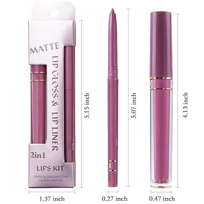evpct 2Pcs Voilet Matte Lip Liner and Lipstick Pencils Lip Gloss Stains Makeup Set Kit for Women Long Lasting Waterproof 24