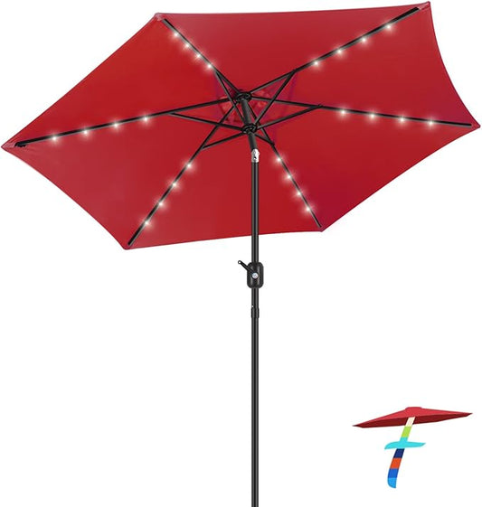 FRUITEAM Solar Patio Umbrella Outdoor LED Umbrella 7 1/2 FT Table Umbrella with Lights Patio Umbrella with with Sturdy Ribs/Crank and Tilt Adjustment for Garden/Poolside/Backyard,