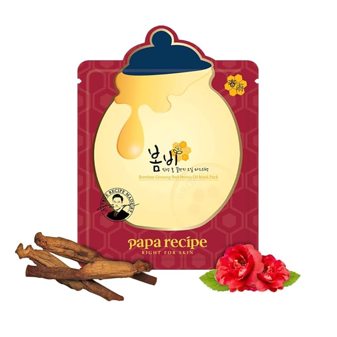 Papa Recipe Bombee Sheet Mask, Korean moisturizing honey mask pack for dehydrated and sensitive skin 10 sheets (Ginseng Red)