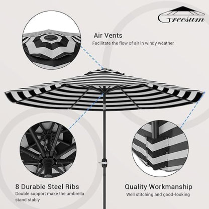 Greesum 9FT Patio Umbrella with Push Button Tilt and Crank, Outdoor Table Umbrella with 8 Sturdy Ribs, Market Table Parasol for Garden, Lawn, Backyard & Pool, Without Base, Black and White