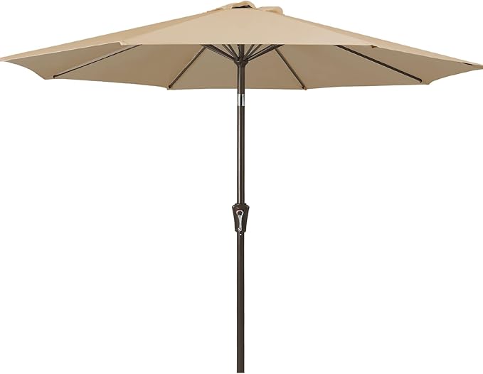 JEAREY 9FT Outdoor Patio Umbrella Outdoor Table Umbrella with Push Button Tilt and Crank, Market Umbrella 8 Sturdy Ribs UV Protection Waterproof for Garden, Deck, Backyard, Pool (Deep Tan)