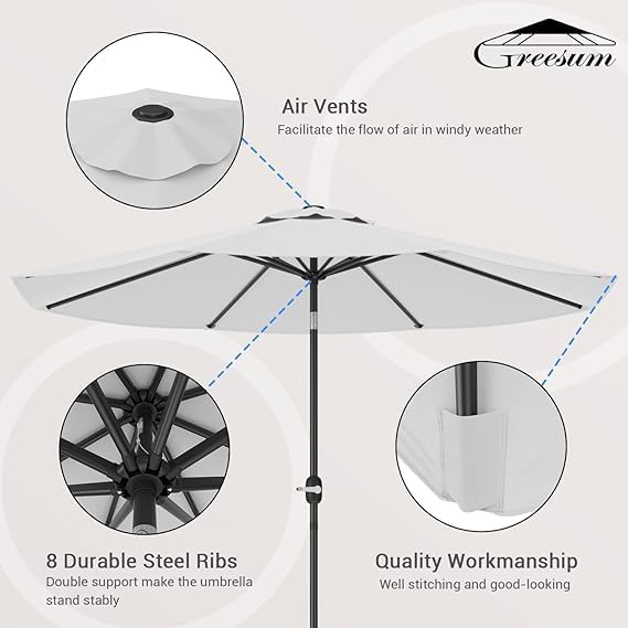 Greesum 9FT Patio Umbrella with Push Button Tilt and Crank, Outdoor Table Umbrella with 8 Sturdy Ribs, Market Table Parasol for Garden, Lawn, Backyard & Pool, Without Base, White
