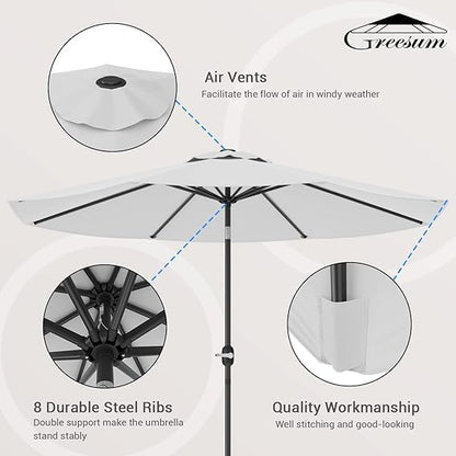 Greesum 9FT Patio Umbrella with Push Button Tilt and Crank, Outdoor Table Umbrella with 8 Sturdy Ribs, Market Table Parasol for Garden, Lawn, Backyard & Pool, Without Base, White