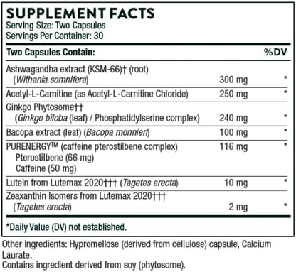 THORNE Memoractiv - Nootropic Brain Supplement for Focus, Creativity, and Concentration - Ashwagandha, Ginkgo, Lutemax, Bacopa, Pterostilbene - Gluten-Free, Dairy-Free - 60 Capsules - 30 Servings