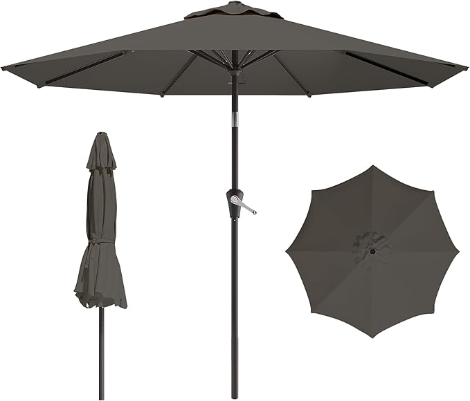 9 FT Patio Umbrella for Outdoor, Outdoor Umbrella with Push Button Tilt and Crank, Outdoor Patio Umbrellas with 8 Sturdy Ribs for Market, Garden, Deck, Backyard, Pool (Gray)