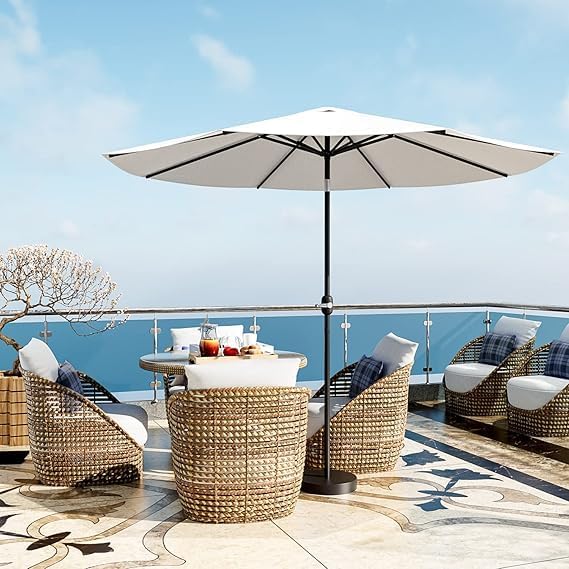 Greesum 9FT Patio Umbrella with Push Button Tilt and Crank, Outdoor Table Umbrella with 8 Sturdy Ribs, Market Table Parasol for Garden, Lawn, Backyard & Pool, Without Base, White