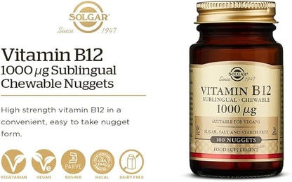Solgar Vitamin B12 1000 mcg, 250 Nuggets - Supports Production of Energy, Red Blood Cells - Healthy Nervous System - Promotes Cardiovascular Health - Vitamin B - Non-GMO, Gluten Free - 250 Servings