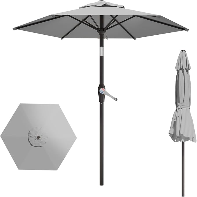 7.5FT Patio Umbrella Table Market Umbrella w/Tilt and Crank Heavy-Duty Round Outdoor Umbrellas for Garden, Deck, Backyard, Pool and Beach, Light Gray