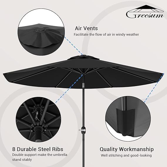 Greesum 9FT Patio Umbrella with Push Button Tilt and Crank, Outdoor Table Umbrella with 8 Sturdy Ribs, Market Table Parasol for Garden, Lawn, Backyard & Pool, Without Base, Black