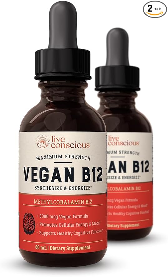 Live Conscious Vegan Vitamin B12 Sublingual Liquid Drops Methylcobalamin Max Strength B12 5000mcg Formula - Vegan B 12 Vitamin Support Energy, Promote Memory & Aid Immune System (2 Pack)