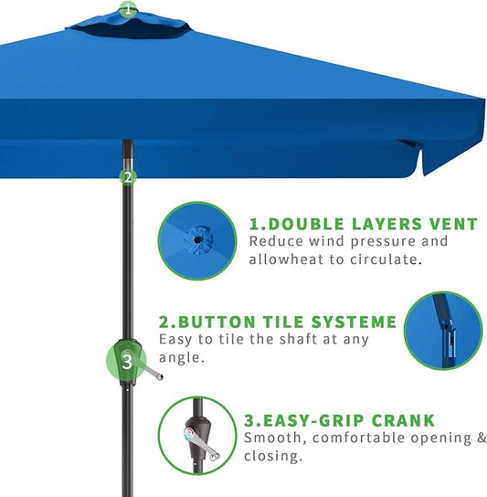 6.5 * 10FT Rectangular Patio Umbrella Table Market Umbrella w/Tilt and Crank Outdoor Umbrellas for Garden, Deck, Backyard, Pool and Beach, Royal Blue