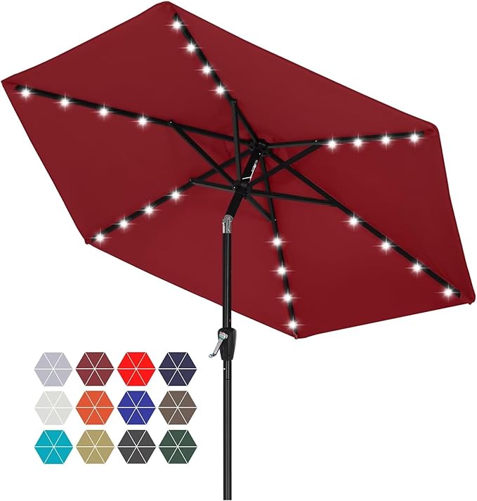 ABCCANOPY Durable Solar Led Patio Umbrellas with 24LED Lights 7.5FT with 6 Sturdy Ribs (Burgundy)