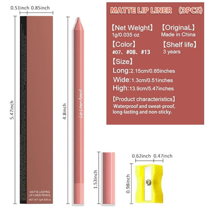 evpct 3Pcs Neutral Pale Orange Red Matte Long Lasting Wear Lip Liner Pencils Makeup Set for Shaping & Sculpting Lips, No Transfer Waterproof Pigmented Lip Liner Crayon lipliners Lipstick Pencil 7+8+13