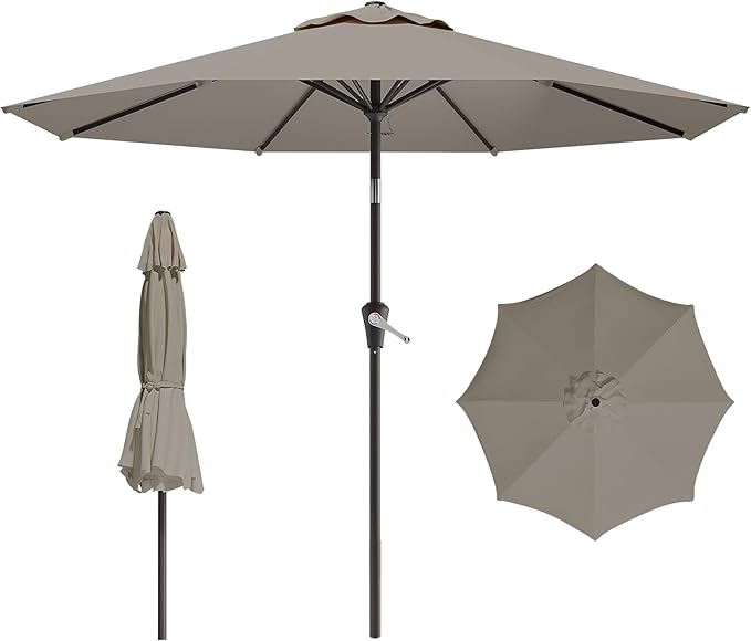 9 FT Patio Umbrella for Outdoor, Outdoor Umbrella with Push Button Tilt and Crank, Outdoor Patio Umbrellas with 8 Sturdy Ribs for Market, Garden, Deck, Backyard, Pool (Light Gray)