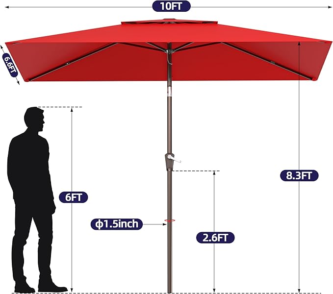 6.6x10ft Rectangular Patio Umbrella, 2 Tiers Outdoor Table Umbrellas with Push Button Tilt and Crank for Patio, Pool, Backyard, Deck, Picnic, Yard (Wine Red)