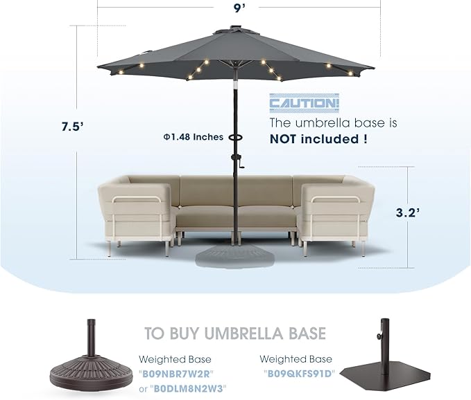 wikiwiki 9ft Solar Led Patio Umbrella, Sturdy Outdoor Market Umbrella for Deck, Pool, Garden w/Tilt, Crank, 32 LED Lights, Dark Gray