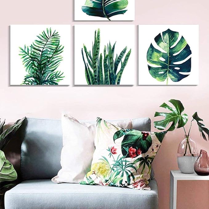 Tropical Plant Wall Art Boho Bathroom Decor Green Monstera Canvas Prints Bedroom Painting Botanical Posters for Kitchen Living Room Home Decorations Leaf Pictures Minimalist Artwork 16×16" 4Pcs/Set