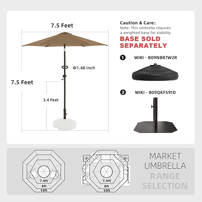 wikiwiki 7.5 FT Patio Umbrellas Outdoor Table Market Umbrella with Push Button Tilt/Crank, 6 Sturdy Ribs, Fade Resistant Waterproof POLYESTER DTY Canopy for Garden, Lawn, Deck, Backyard & Pool, Tan