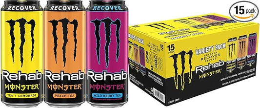 Monster Energy Rehab Tea + Lemonade, Peach Tea, Wild Berry Tea, Variety Pack, Energy Iced Tea,15.5 Ounce (Pack of 15)