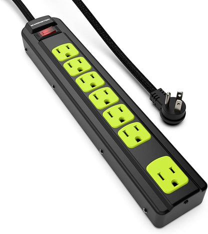 Monster Workshop Heavy-Duty Garage Power Strip Surge Protector - Mountable Heavy-Duty Wide-Spaced 7 Grounded AC Outlets with 4ft Angled Flat Plug - 1200 Joules - ETL Listed