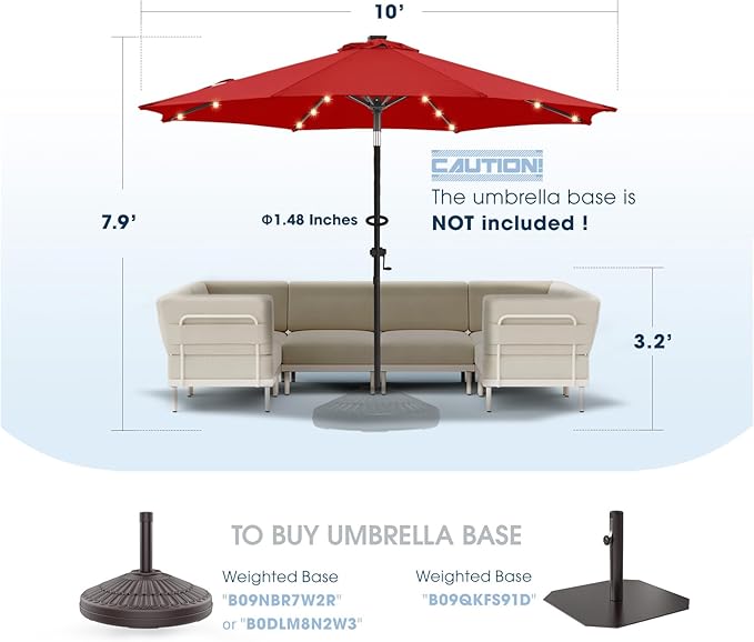 wikiwiki 10ft Solar Led Patio Umbrella, Sturdy Outdoor Market Umbrella for Deck, Pool, Garden w/Tilt, Crank, 32 LED Lights, Red