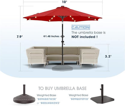 wikiwiki 10ft Solar Led Patio Umbrella, Sturdy Outdoor Market Umbrella for Deck, Pool, Garden w/Tilt, Crank, 32 LED Lights, Red